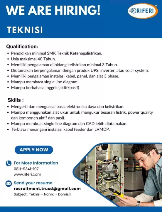 hiring Teknisi Listrik, Lowongan kerja Teknisi Listrik